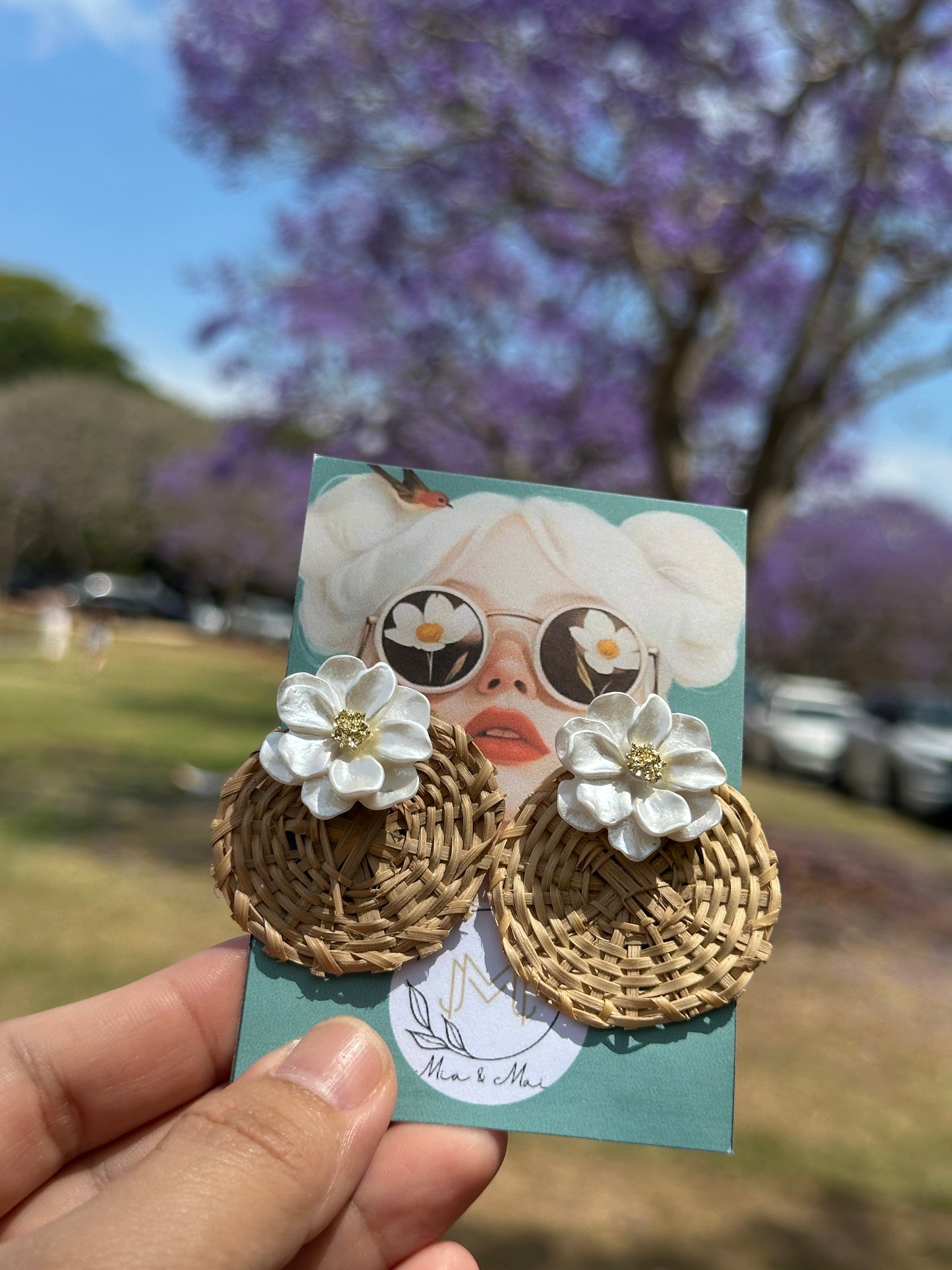 Woven Rattan &amp; Pearl Flower Earrings