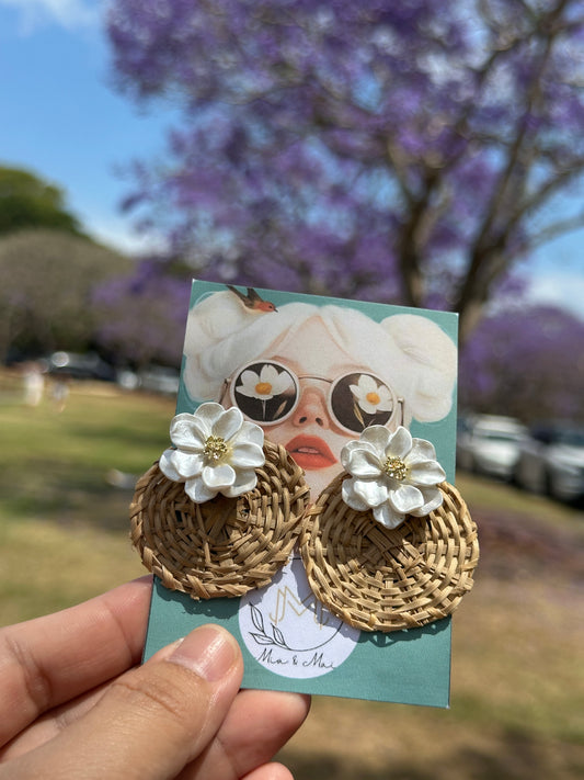 Woven Rattan &amp; Pearl Flower Earrings