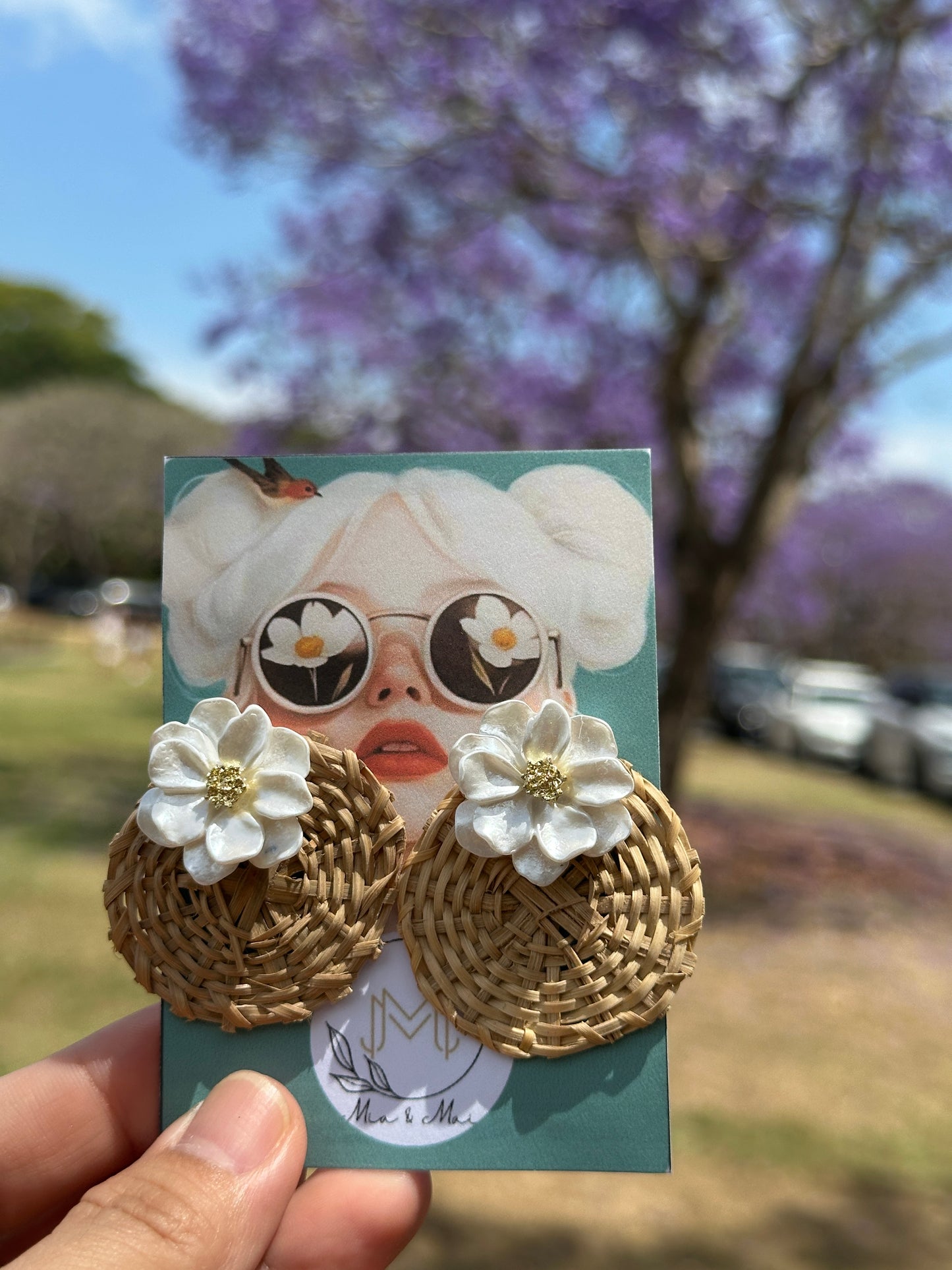 Woven Rattan &amp; Pearl Flower Earrings