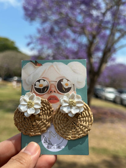 Woven Rattan &amp; Pearl Flower Earrings