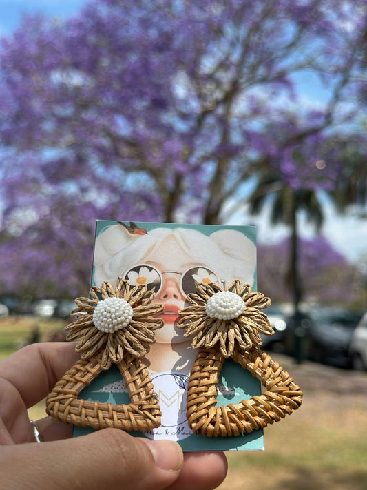 Beaded Triangle Rattan Hoop Earrings